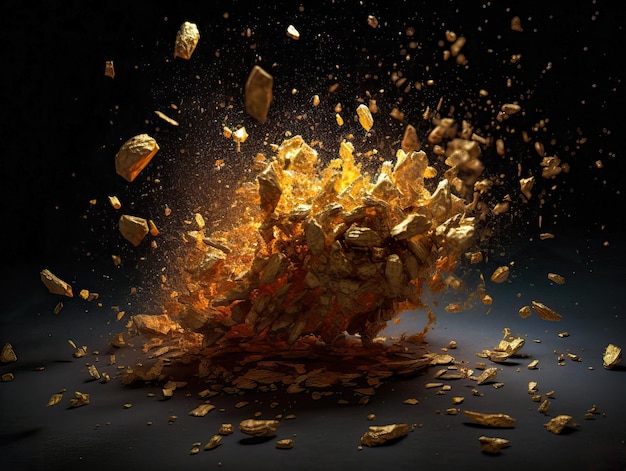 Zdjęcie grafika trójwymiarowa wybuchu cząstek złota eksplozja złotych kostek wygenerowane ai