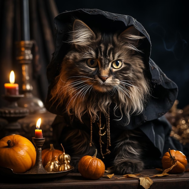 Zdjęcie grafika wektorowa ilustracja przedstawiająca kota w kapeluszu czarownicy i dyniach