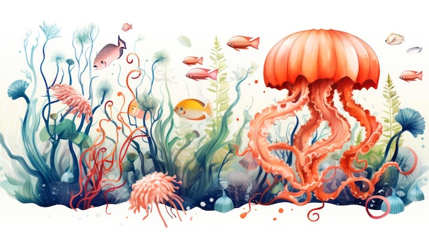 Grafika wektorowa kreatywnych krajobrazów oceanicznych z meduzą ośmiornicą krabem narwalskim i konikiem morskim