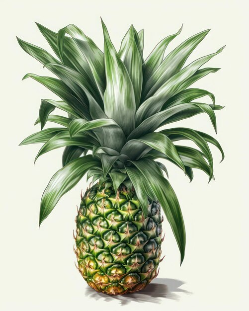 Grafika wektorowa przedstawiająca ananasa na białym tle z kilkoma tropikalnymi liśćmi, stworzona przy użyciu technologii Generative AI