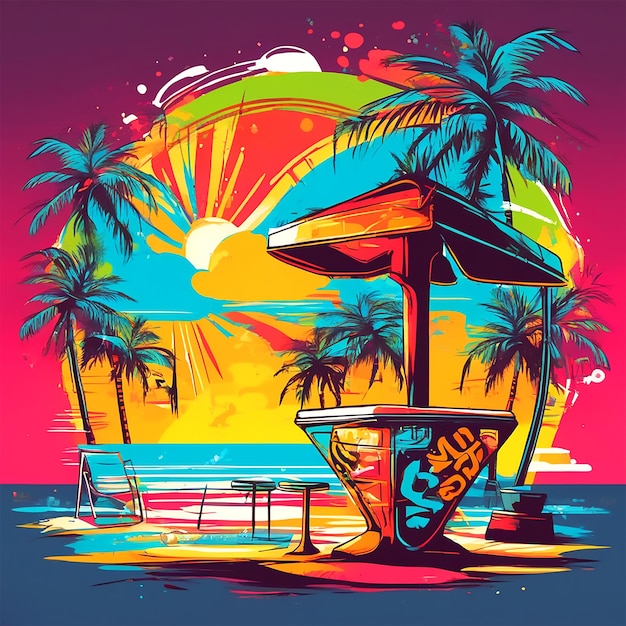 Grafika wektorowa T Shirt gotowa do druku Kolorowe graffiti ilustracja plaży z palmami i Coc