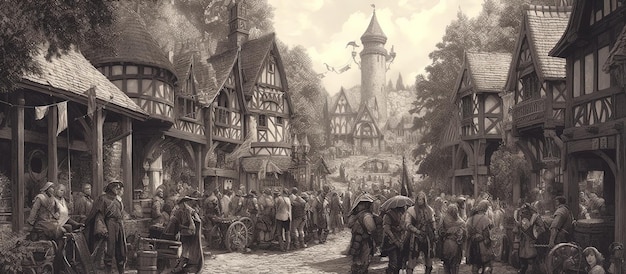 Grafitowy rysunek rynku w średniowiecznej wiosce