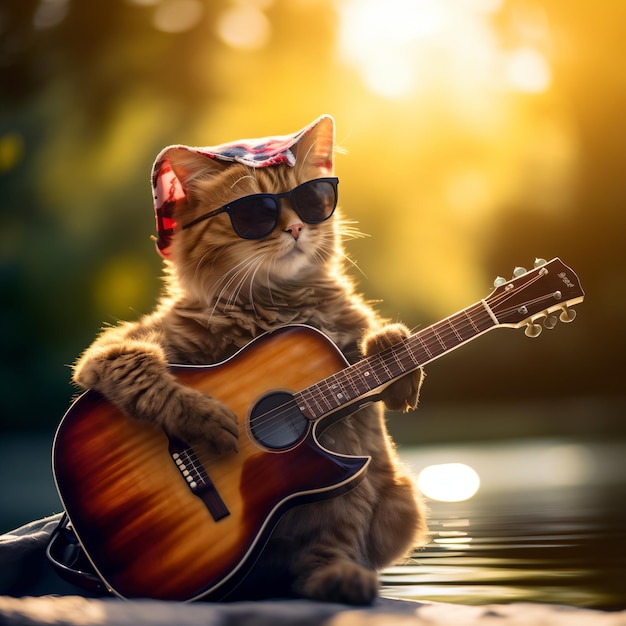 Grająca na gitarze, nosząca okulary, kot