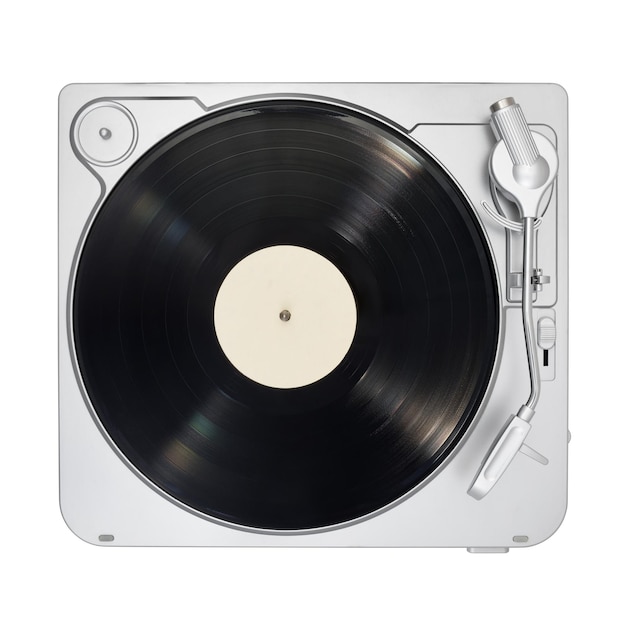 Gramofon z długim odtwarzaniem lub płytą winylową LP na białym tle