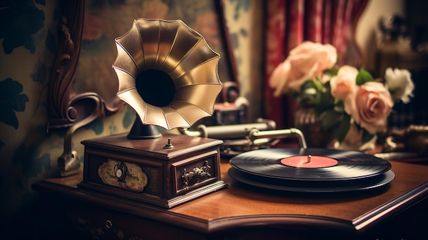Zdjęcie gramofon z płytą winylową we wnętrzu