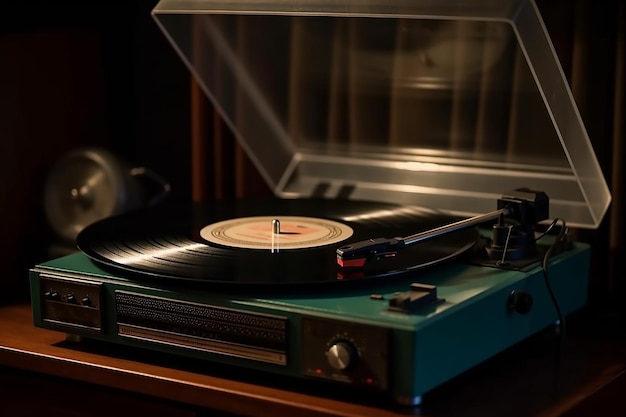 Gramofon z płytami winylowymi Odtwarzacz to jednowierszowa grafika kolorowa