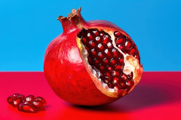 granat na czerwonym tle Złamane dojrzałe owoce granatu na czerwonej powierzchni Wysoka rozdzielczość gen