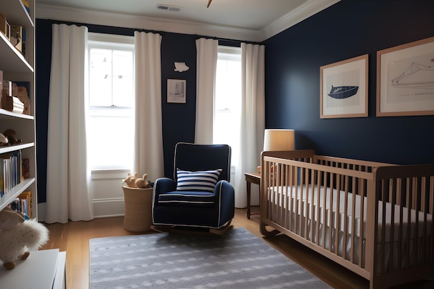 Granatowy pokój dziecięcy z niebieskim krzesełkiem i łóżeczkiem z niebieską poduszką.