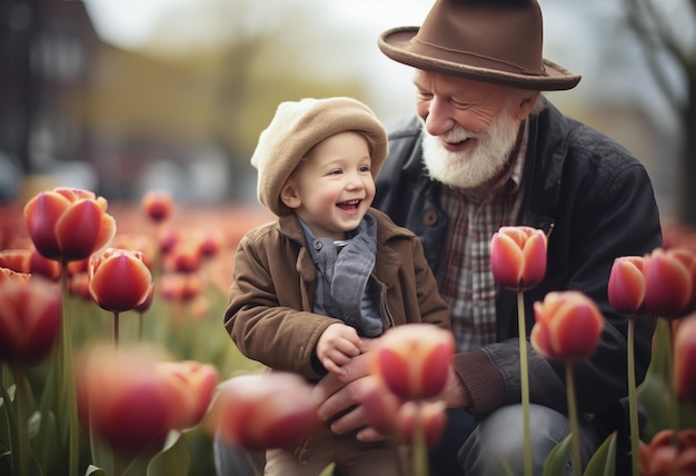 Zdjęcie grandfather and grandchild amidst tulip fields generative ai