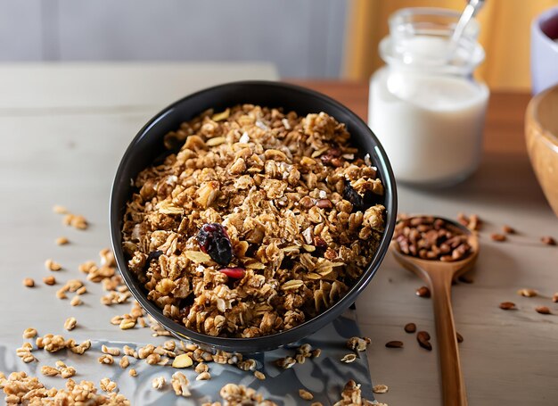 Zdjęcie granola na kuchennym stole fotografia żywności