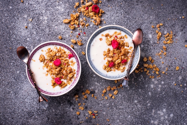 Zdjęcie granola z jogurtem i suszonymi malinami