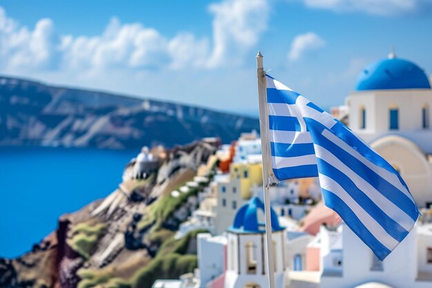 Grecja obchodzi Dzień Indyce Santorini i flagę narodową na niebieskim niebie