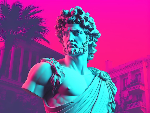 Grecka rzeźba boga w stylu retrowave city pop design vaporwave kolory