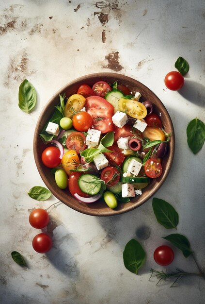 Zdjęcie grecka sałatka na talerzu lub misce na jasnym tle sałatka z serem feta i oliwkami