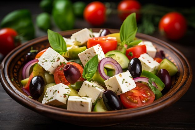 Grecka sałatka z serem feta, oliwkami, pomidorem i bazyliką