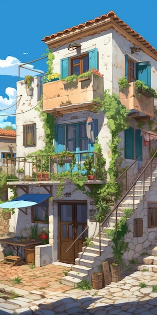 Grecki dom w stylu sztuki anime Piękny obraz 32k Uhd autorstwa Bay