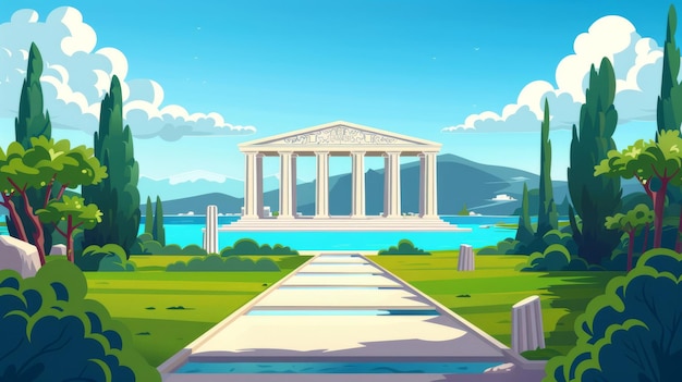 Zdjęcie grecki lub rzymski budynek świątyni z kolumnami i frontonem, ilustracja przedstawiająca letni krajobraz i starożytny pałac z filarami i drogą przez jezioro