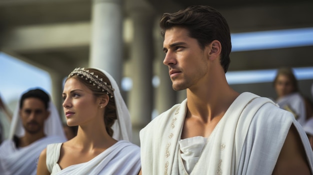 Zdjęcie greckie wesele z białymi togami symbolizujące czysty związek