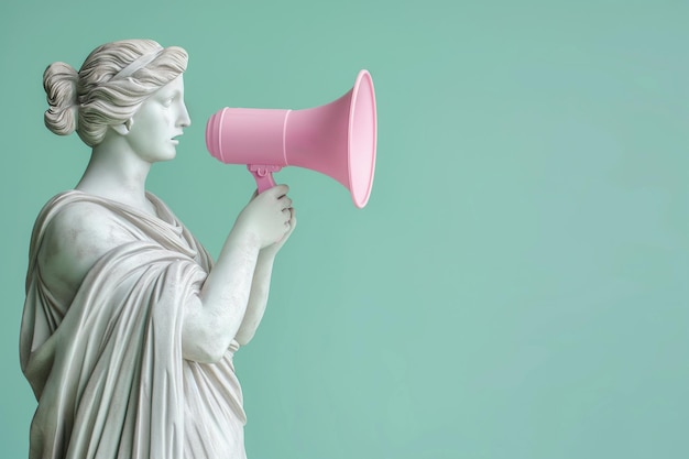 Zdjęcie greek statue holding loudspeaker screaming sculpture speaking loud in megaphone announcement advertising communication concept warning announcement notifying free space for text