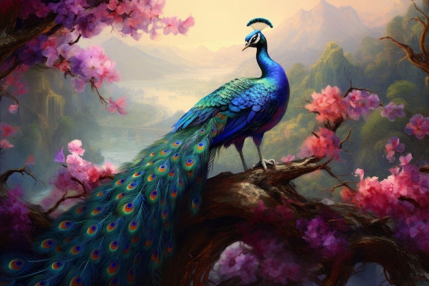 Green peacock siedzi na gałęzi Beautiful illustrationobraz Generative AI