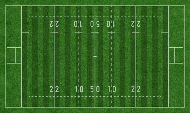 Zdjęcie green rugby union football rugger field top view z realistyczną teksturą trawy i wzorem koszenia