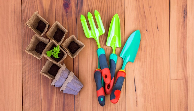 Green Thumb Essentials Widok z góry narzędzi ogrodniczych na drewnianej podłodze Przygotuj się do uprawy