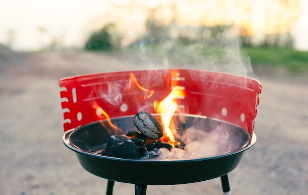 Grill na grillu płomień ognia z węglem piknikowym w przyrodzie