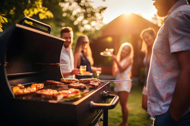 Zdjęcie grill podczas imprezy na podwórku z wieloma przyjaciółmi, poranne przyjęcie urodzinowe happa