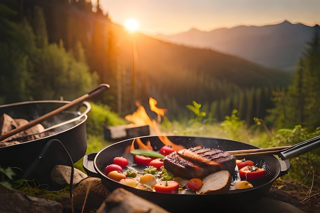 Grill z jedzeniem na tle gór i ognia.