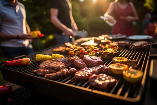 Zdjęcie grill z mięsem, kukurydzą i warzywami