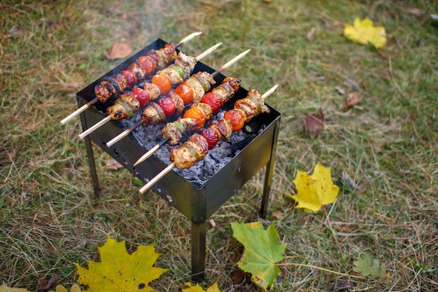 Grill z patyczkami, na których sadzi się mięso i warzywa