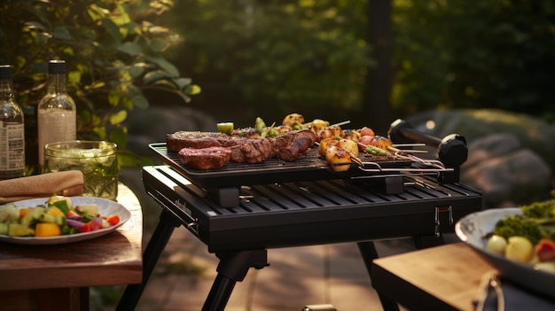 Grill z talerzem jedzenia i butelką wina