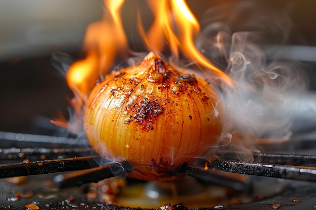 Zdjęcie grillowana cebula z płonącym węglem i dymem na grillu gotowanie i przygotowanie jedzenia dla gurmanów
