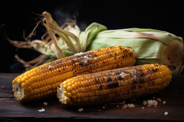 Grillowana kolba kukurydzy posypana przyprawioną solą i pieprzem
