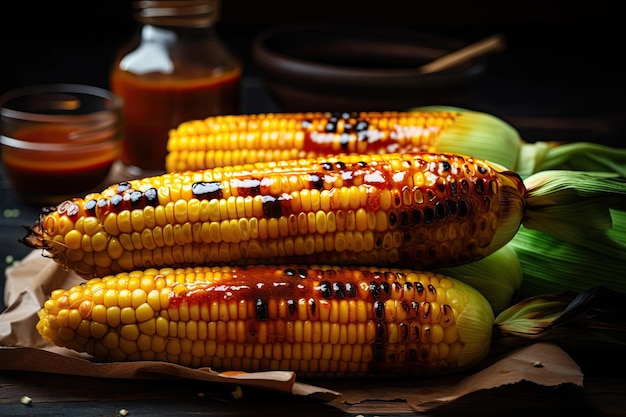 Zdjęcie grillowana kolba kukurydzy skropiona pikantnym i słodkim sosem