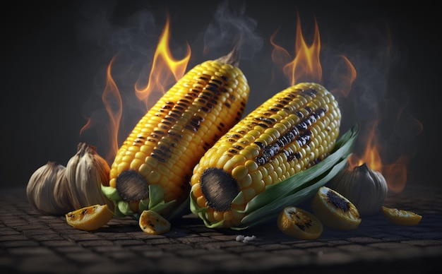 Grillowana kukurydza na grillu z płomieniem w tle. grill z bliska bbq tło ai generowane