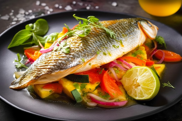 Grillowana ryba z warzywami podana na talerzu Jedzenie w restauracji Pyszne jedzenie Generative AI