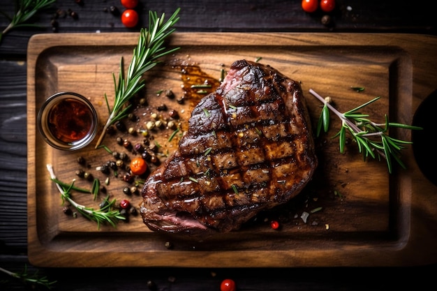 Grillowane mięso na grillu Steak na drewnianym talerzu Generatywna sztuczna inteligencja