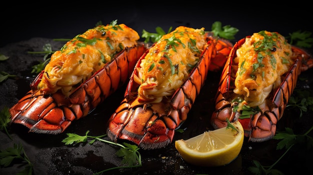 Grillowane ogony homara podawane są na blasze do pieczenia udekorowanej plasterkami cytryny i natką pietruszki