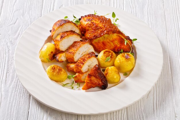 Zdjęcie grillowane piersi z kurczaka z rumianymi młodymi ziemniakami na białym talerzu, widok poziomy z góry, zbliżenie