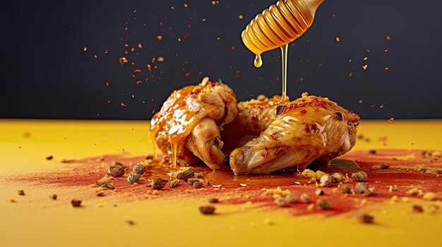 Grillowane skrzydełka z kurczaka na drewnianym stole z miodem i sosem karmelowym na żółtym tle