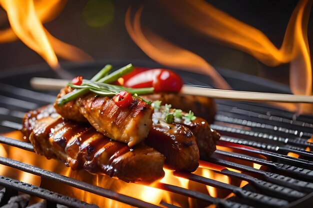 Grillowane skrzydełka z kurczaka na płonącym grillu z grillowanymi warzywami w sosie barbecue z pieprzem