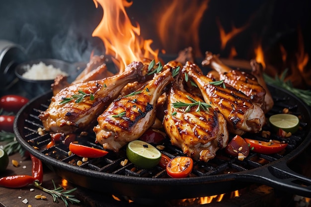 grillowane skrzydełka z kurczaka z grillowanymi warzywami w sosie barbecue z grillowanym szaszłykiem z mięsa kurczaka