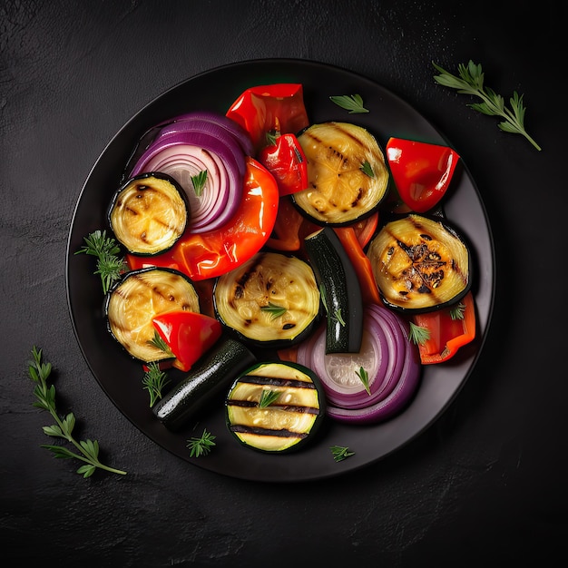 Grillowane warzywa bakłażan papryka cukinia czerwona cebula pomidor na talerzu Widok z góry Generative AI