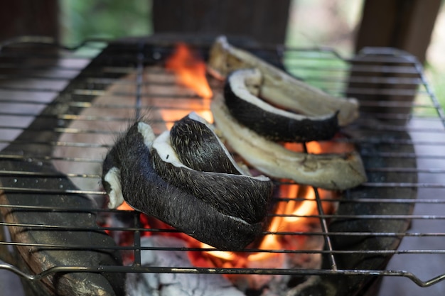 Grillowanie kawałka buffalo na otwartym ogniu na węgiel drzewny