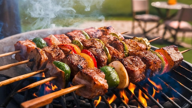 Grillowanie shish kebab z skorupą na szczypach