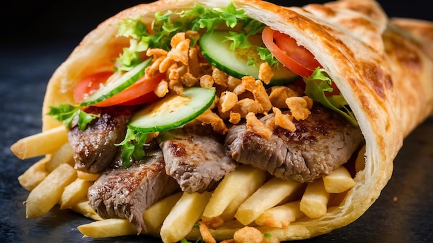 Grillowany beed wrap doner z ogórkami, pomidorami i frytkami