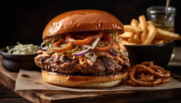 Grillowany burger wołowy z frytkami i sałatką coleslaw wygenerowany przez AI