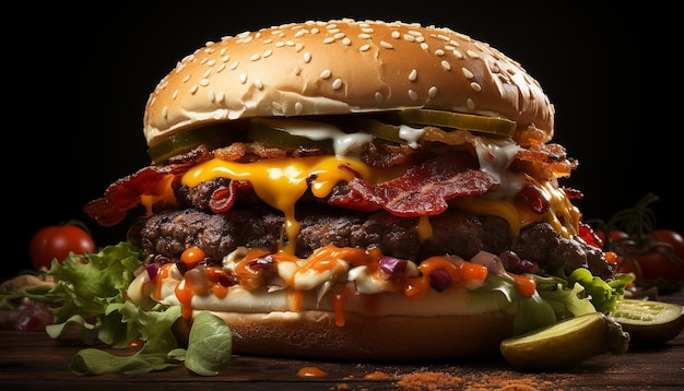 Grillowany burger wołowy z wyśmienitym serem, świeżym pomidorem w bułce wygenerowany przez sztuczną inteligencję