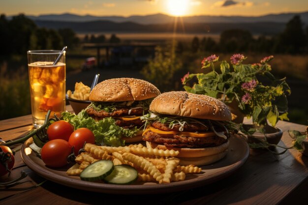Grillowany burger z kurczakiem w kawie z widokiem na pola słoneczników generatywne IA